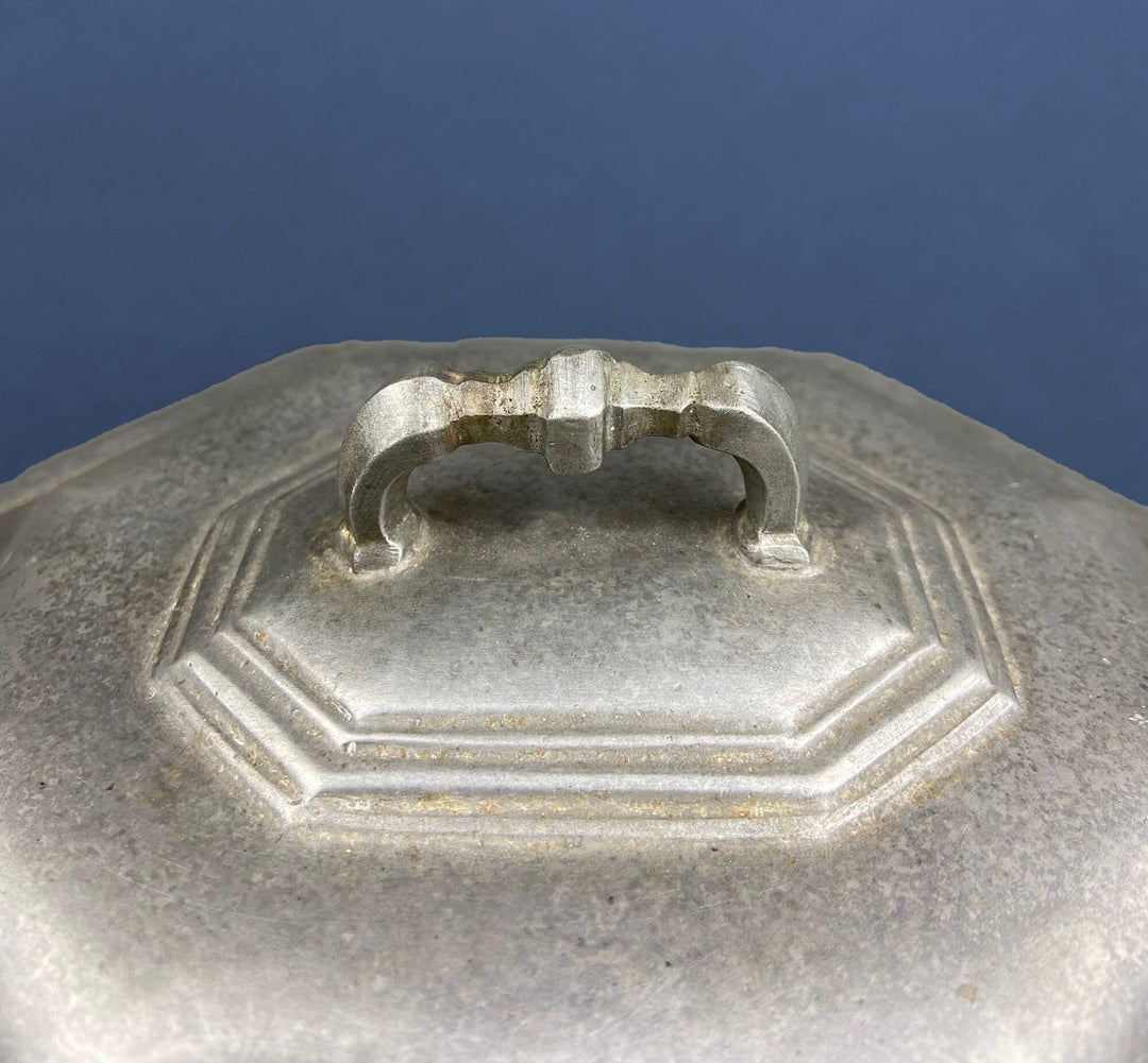 Antique Italian Pewter Box with Hinged Lid. Large Pewter Bowl Made in Italy. Trinket or Jewelry Box. Handle detail.