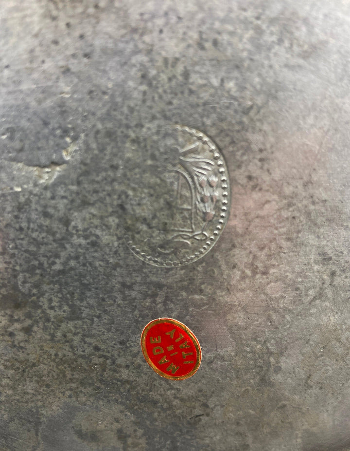 Detail of the marking on the Antique Italian Pewter Box with Hinged Lid. Large Pewter Bowl Made in Italy. Trinket or Jewelry Box.