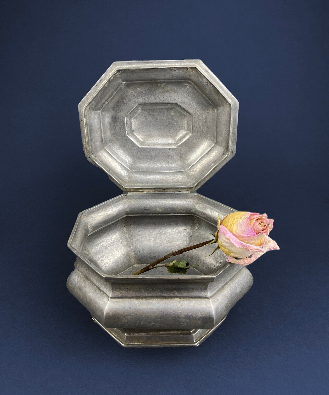 Antique Italian Pewter Box with Hinged Lid. Large Pewter Bowl Made in Italy. Trinket or Jewelry Box.