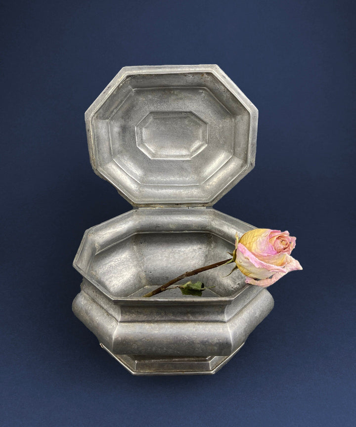 Antique Italian Pewter Box with Hinged Lid. Large Pewter Bowl Made in Italy. Trinket or Jewelry Box.