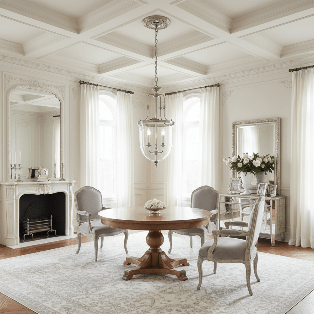 Elegant dining room with a round wooden table, chairs, and decorative elements.