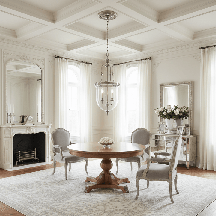 Elegant dining room with a round wooden table, chairs, and decorative elements.
