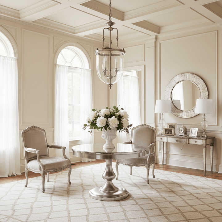 Elegant living room with a silver chandelier, round table, chairs, and decorative mirror.