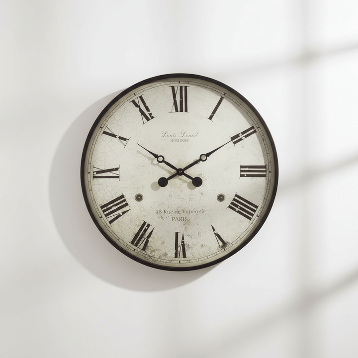 Antique Paris Wall Clock with Roman Numerals on a wall