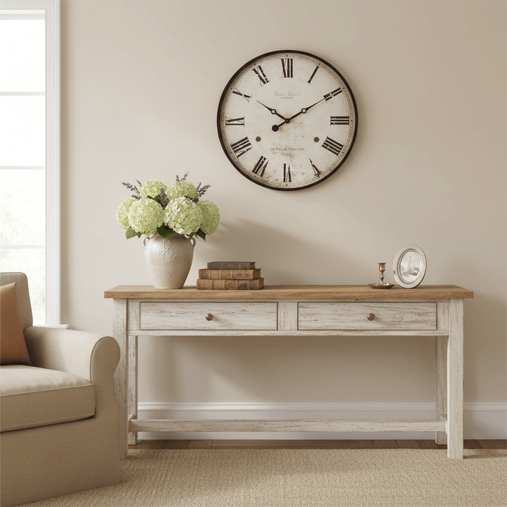 Antique Paris Wall Clock with Roman Numerals hanging on a wall over a table with flowers and books