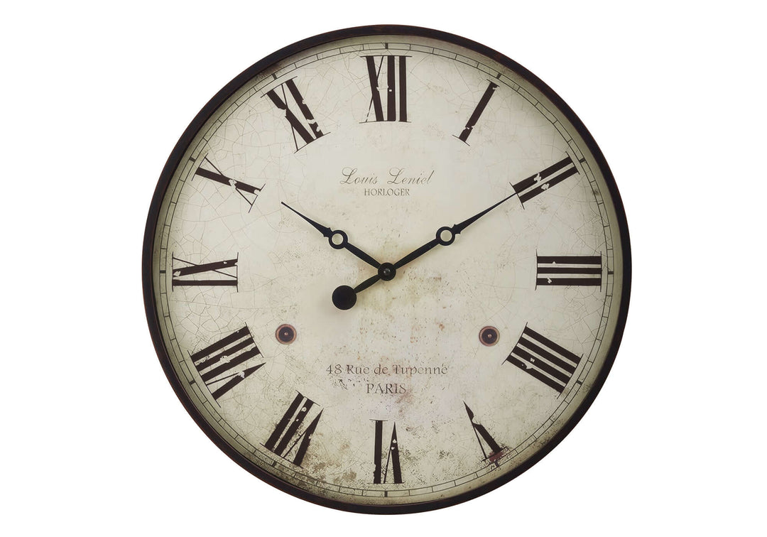 Vintage-style wall clock with Roman numerals on a white background