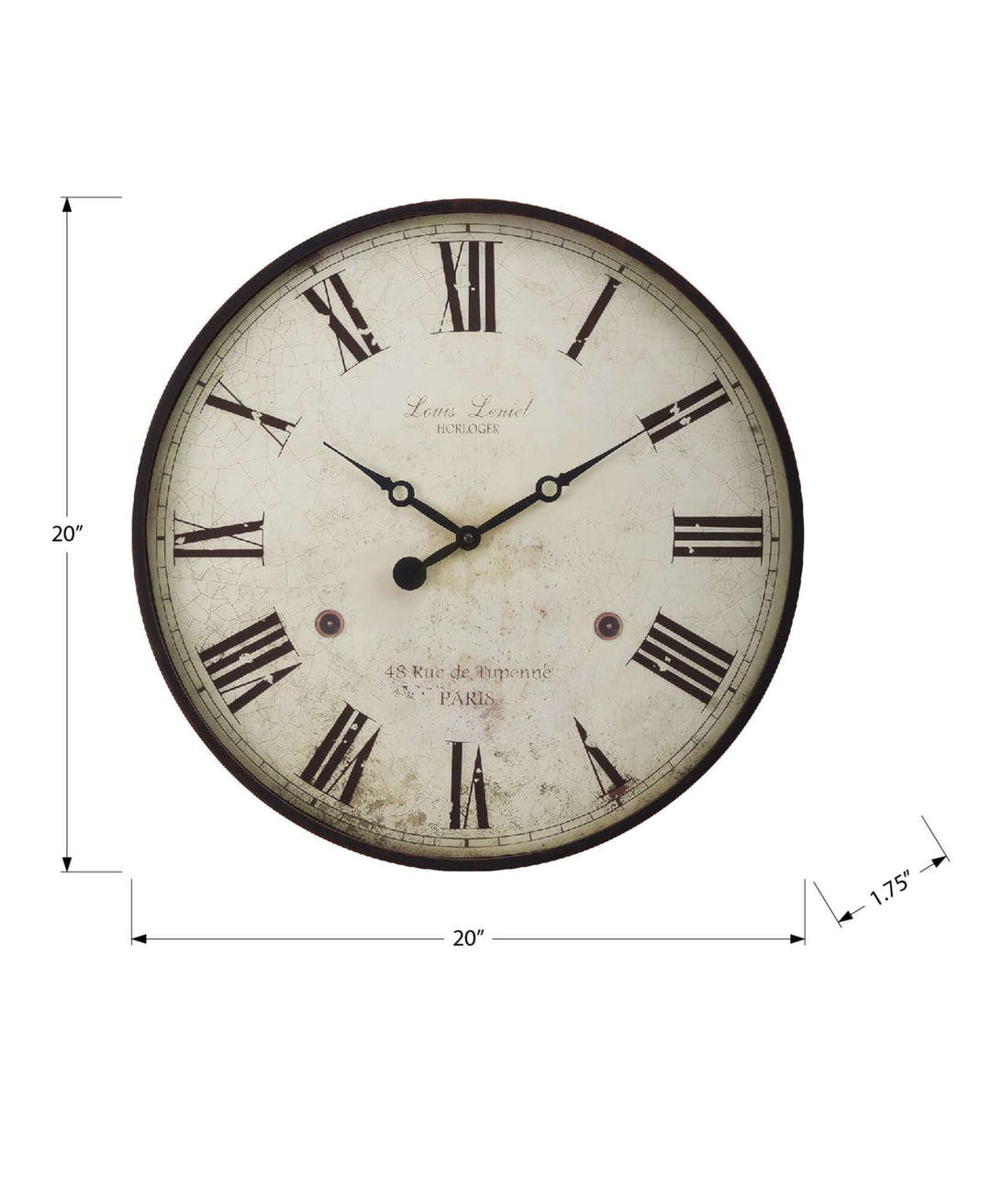 Round wall clock with Roman numerals and measurement lines on a white background