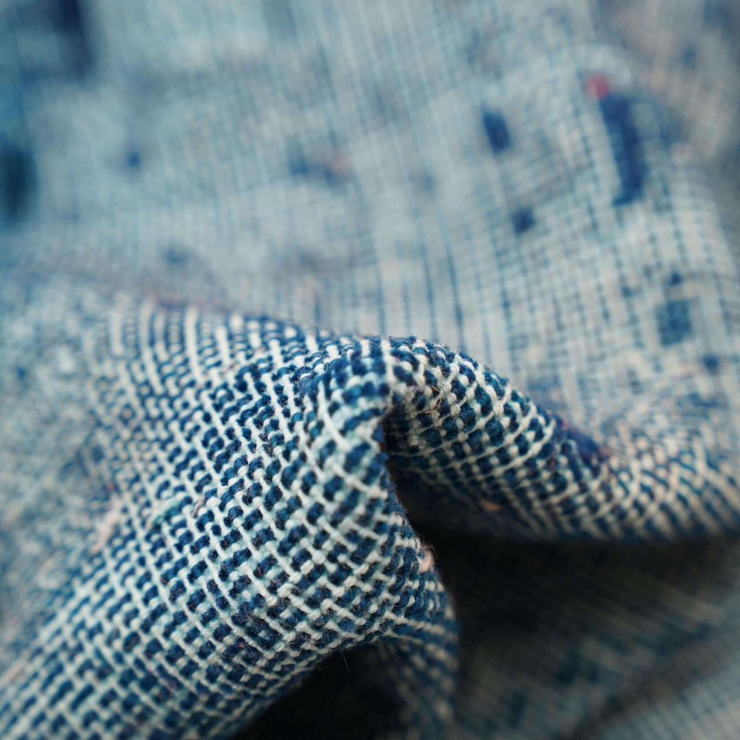 Close-up of textured blue and white fabric