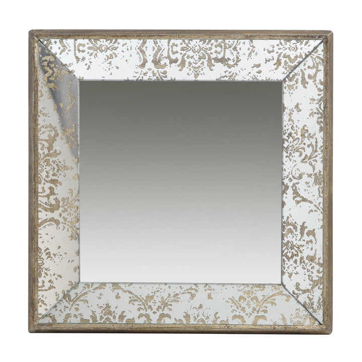 Decorative square mirror with ornate frame on a white background