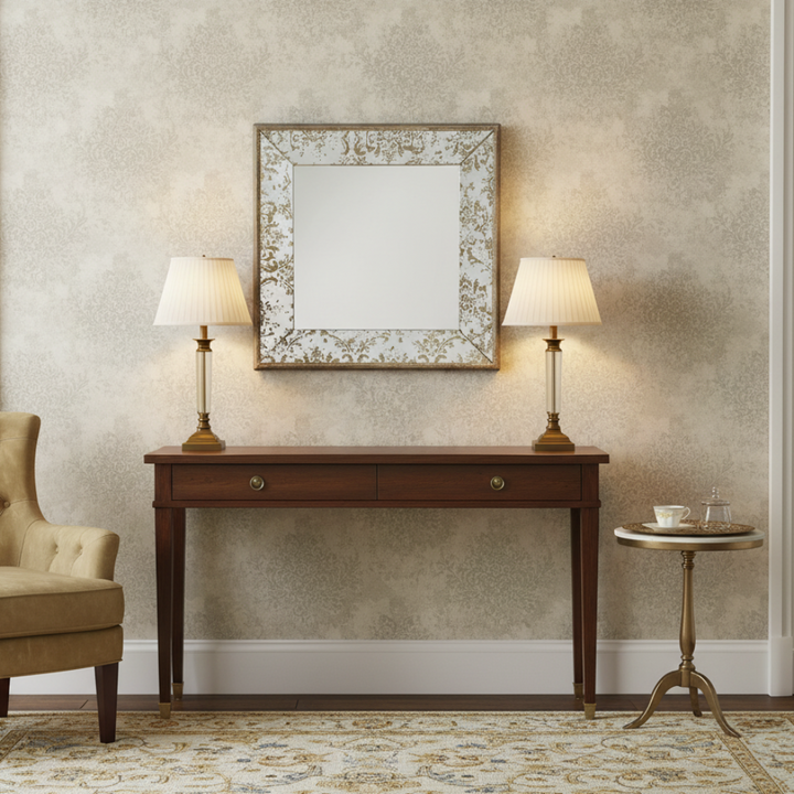 Antique Silver Floral Square Wall Mirror in a luxury home