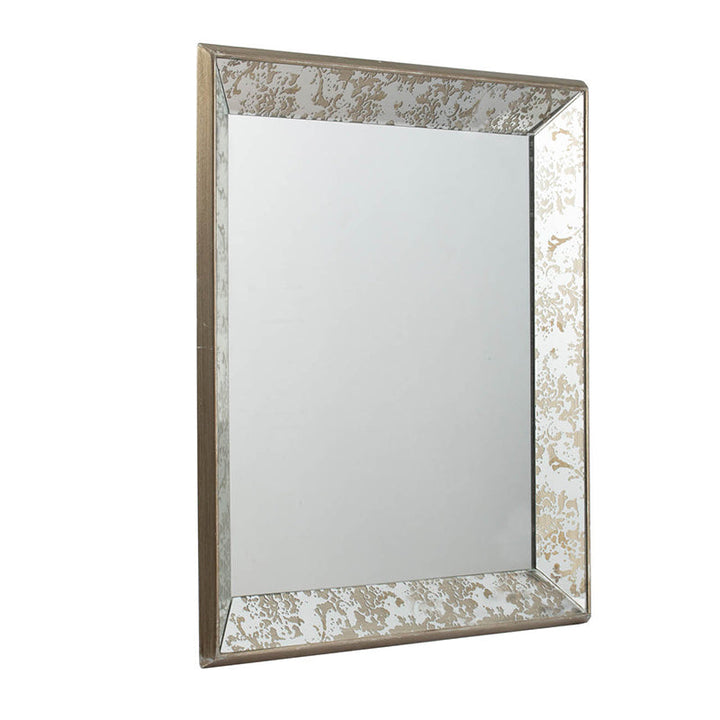 Decorative wall mirror with a textured frame on a white background