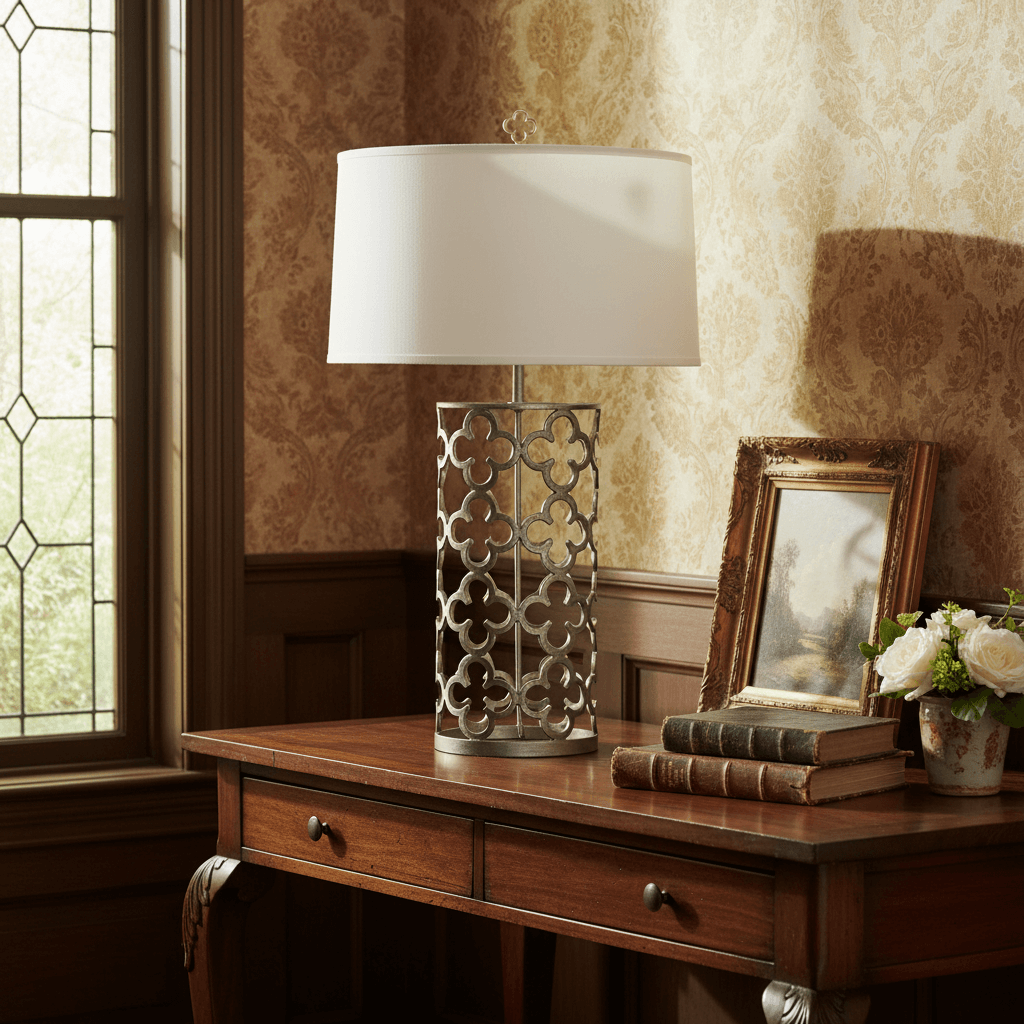 Decorative lamp on a wooden table with books and a picture frame in a room with patterned wallpaper.