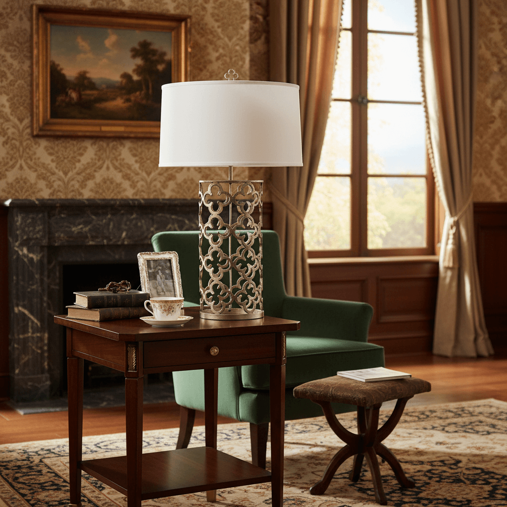 Living room with a wooden side table, green armchair, and decorative lamp.