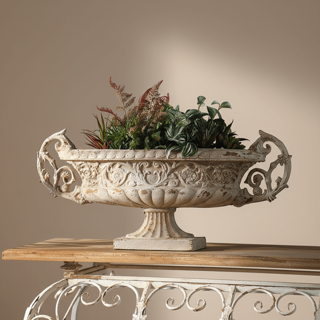 Decorative stone planter with plants on a wooden surface against a beige wall