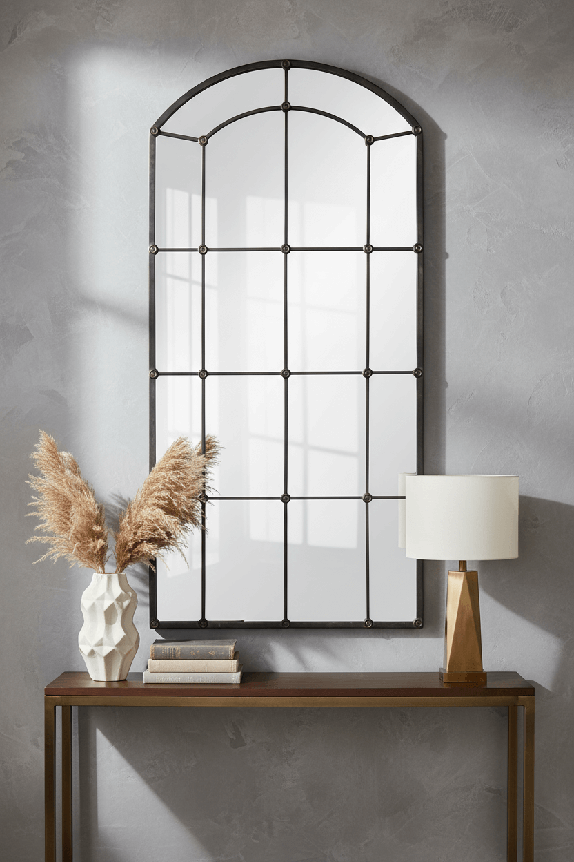 Arched Industrial Grid Wall Mirror with distressed arched windowpane frame, styled with a vase and lamp on a wooden console.