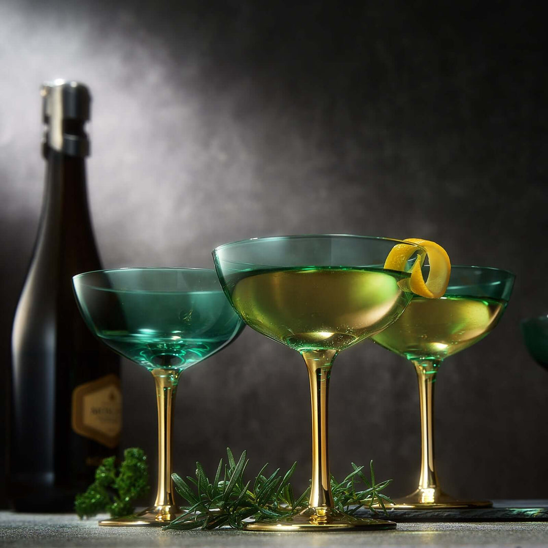 Three green cocktails with gold stems on a dark background