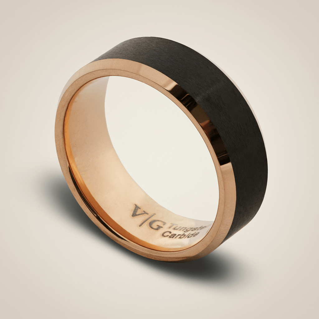 Two-tone ring with black and rose gold finish on a light background