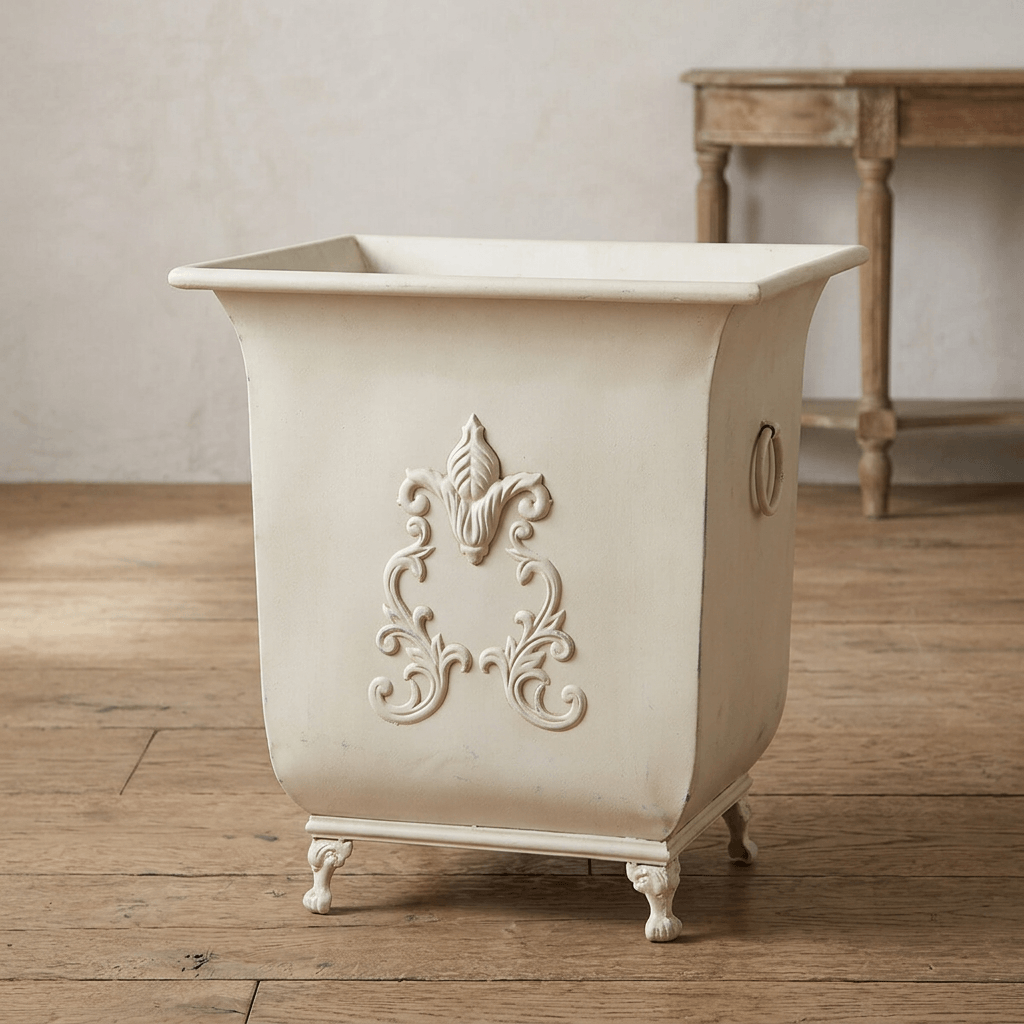 Aveline metal planter in Antiqued White with raised scrollwork and decorative feet on an oak floor in a softly lit interior.
