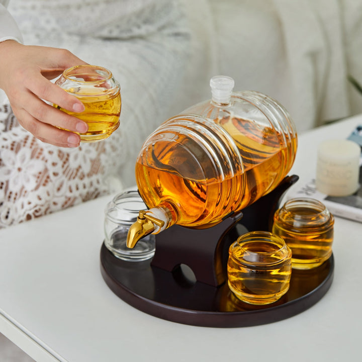 Glass Barrel Whiskey Decanter & Glass Set