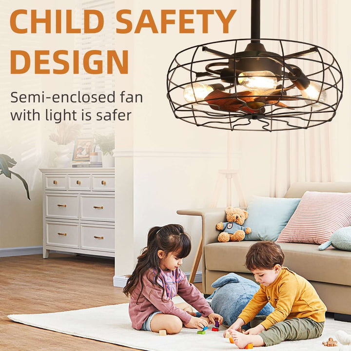 Children playing on the floor with a semi-enclosed fan with light in a living room.