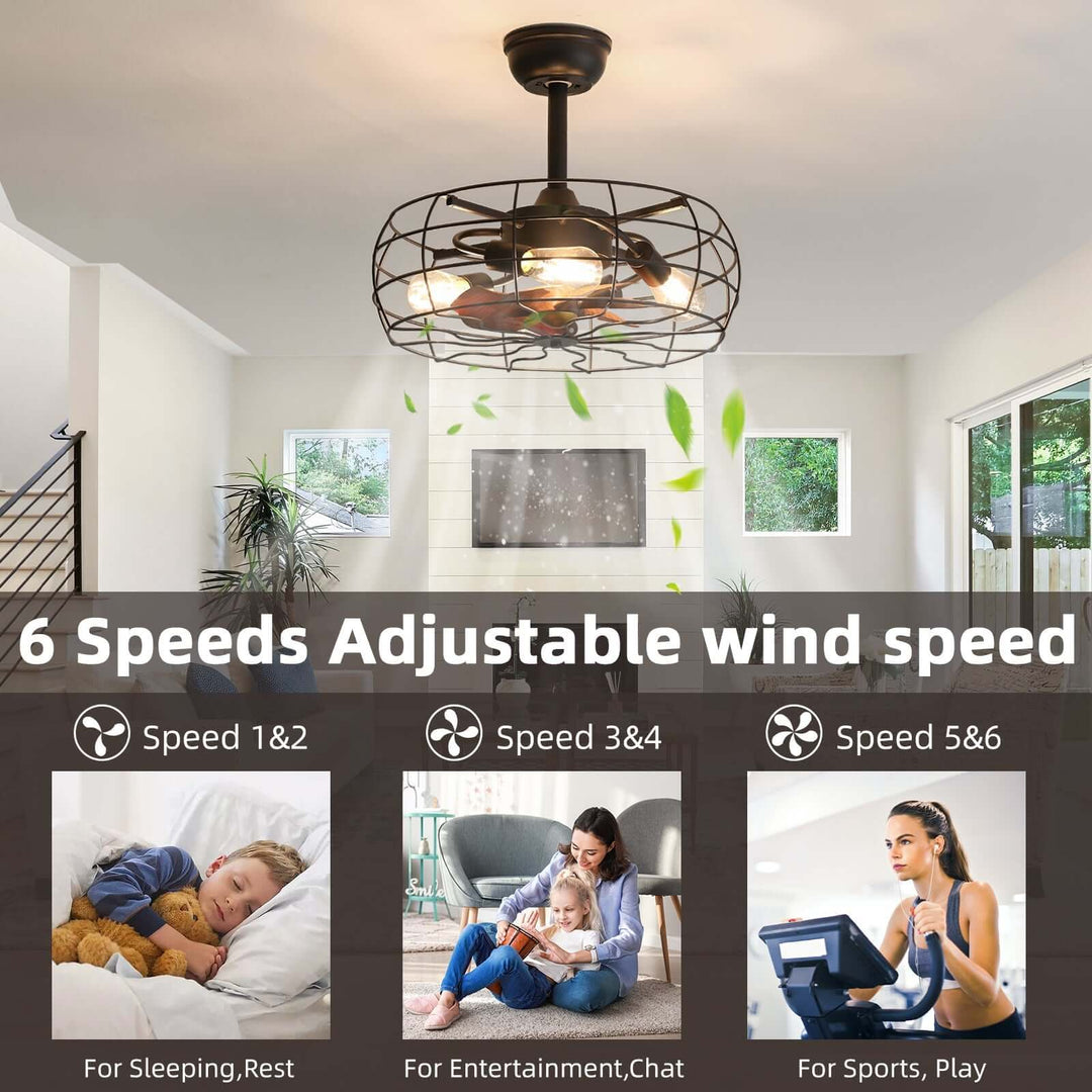Ceiling fan with adjustable speed settings in a room with people using it for different activities.