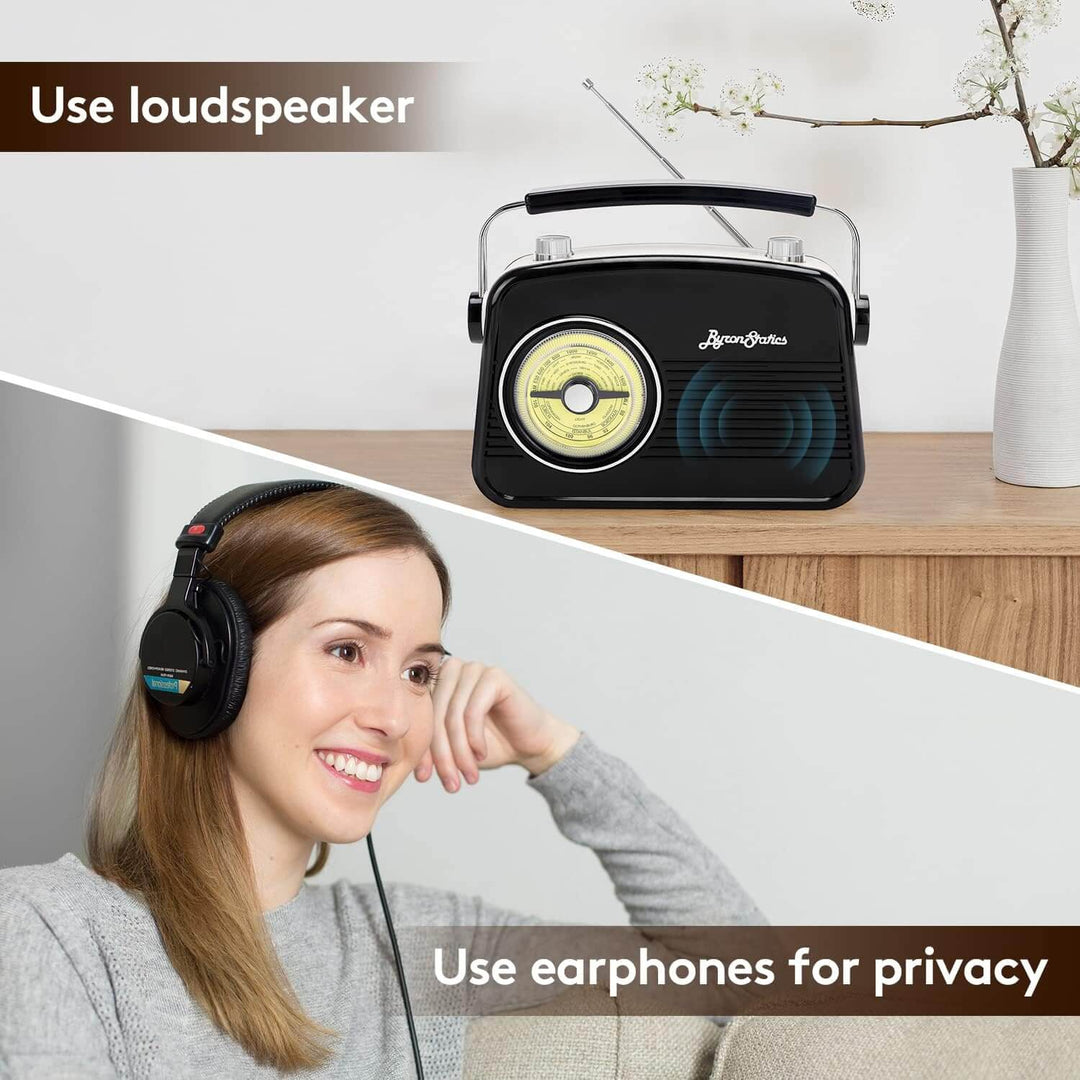 Radio on a table with a woman wearing headphones, split image showing 'Use loudspeaker' and 'Use earphones for privacy'.