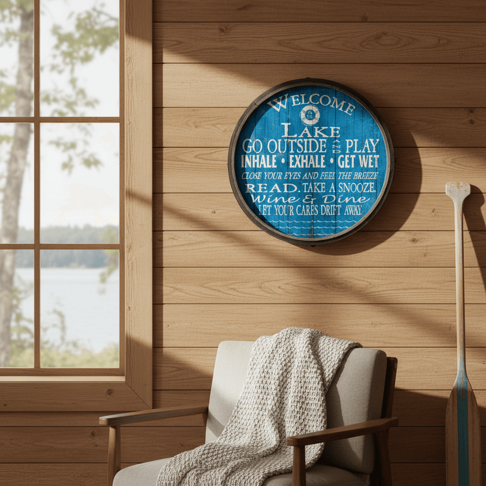 Round blue sign with white text on a wooden wall next to a window with a view of a lake.