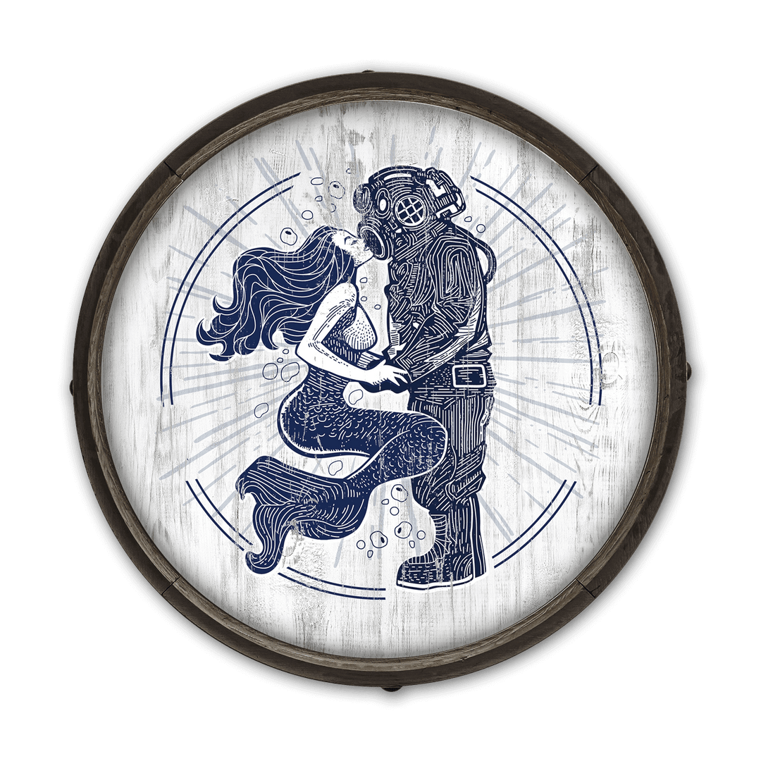 Vintage Coastal Mermaid and Diver Barrel End Wall Art showcasing a romantic nautical scene on solid wood handcrafted design.