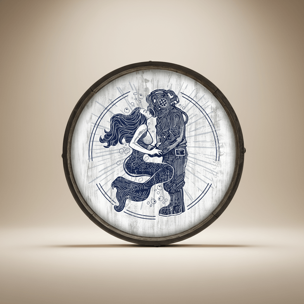 Decorative wall art with a design of a mermaid and a diver embracing, set against a beige background.