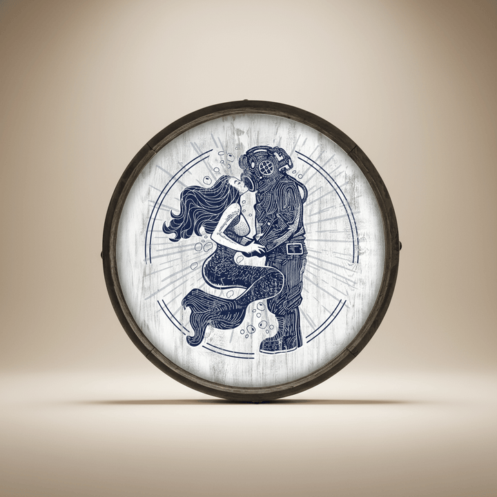 Vintage Coastal Mermaid and Diver Barrel End Wall Art, handcrafted nautical decor with romantic maritime design, solid wood craftsmanship.