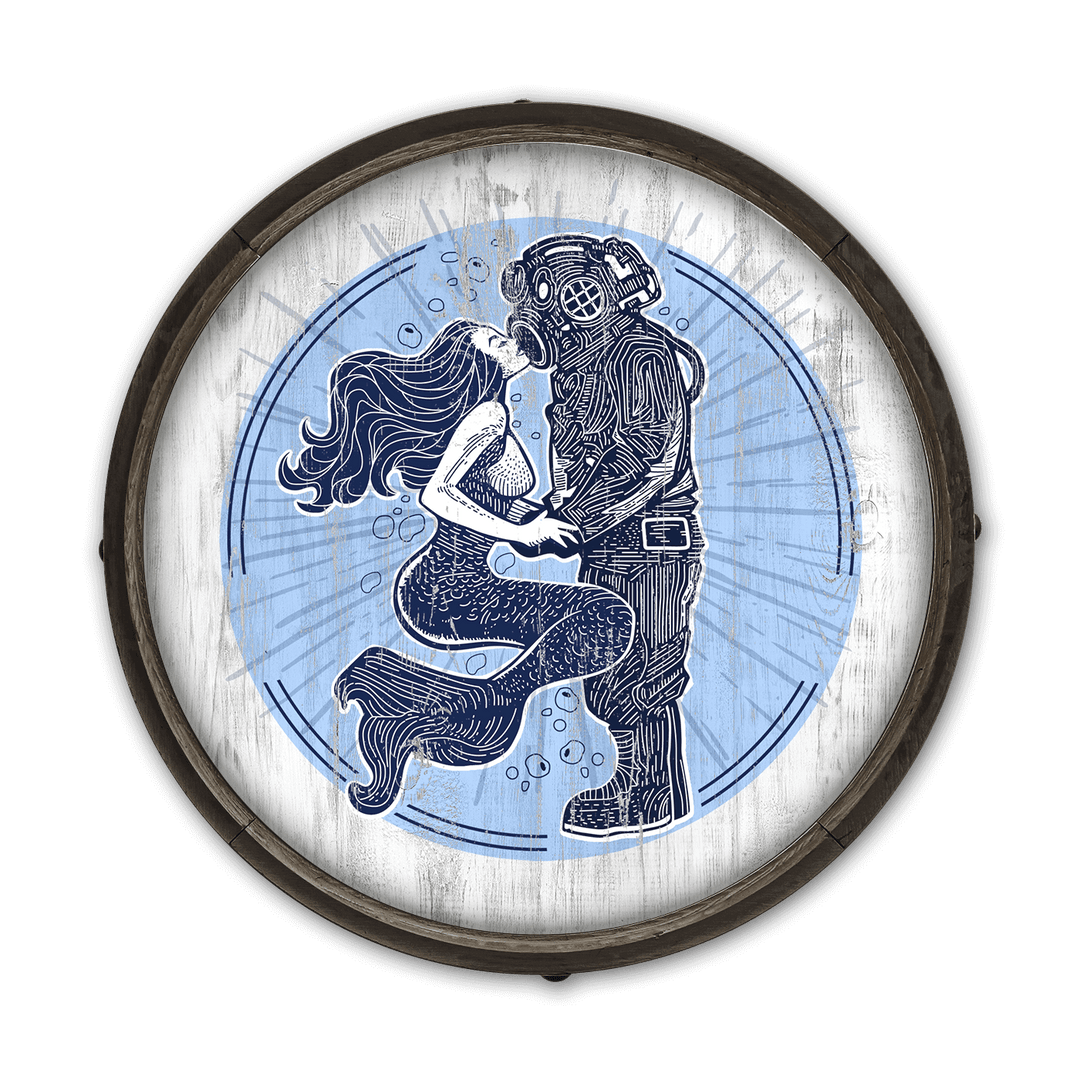 Vintage Coastal Mermaid and Diver Barrel End Wall Art depicting a romantic underwater scene on wood