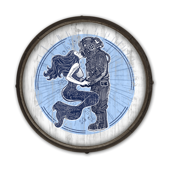 Vintage Coastal Mermaid and Diver Barrel End Wall Art depicting a romantic underwater scene on wood