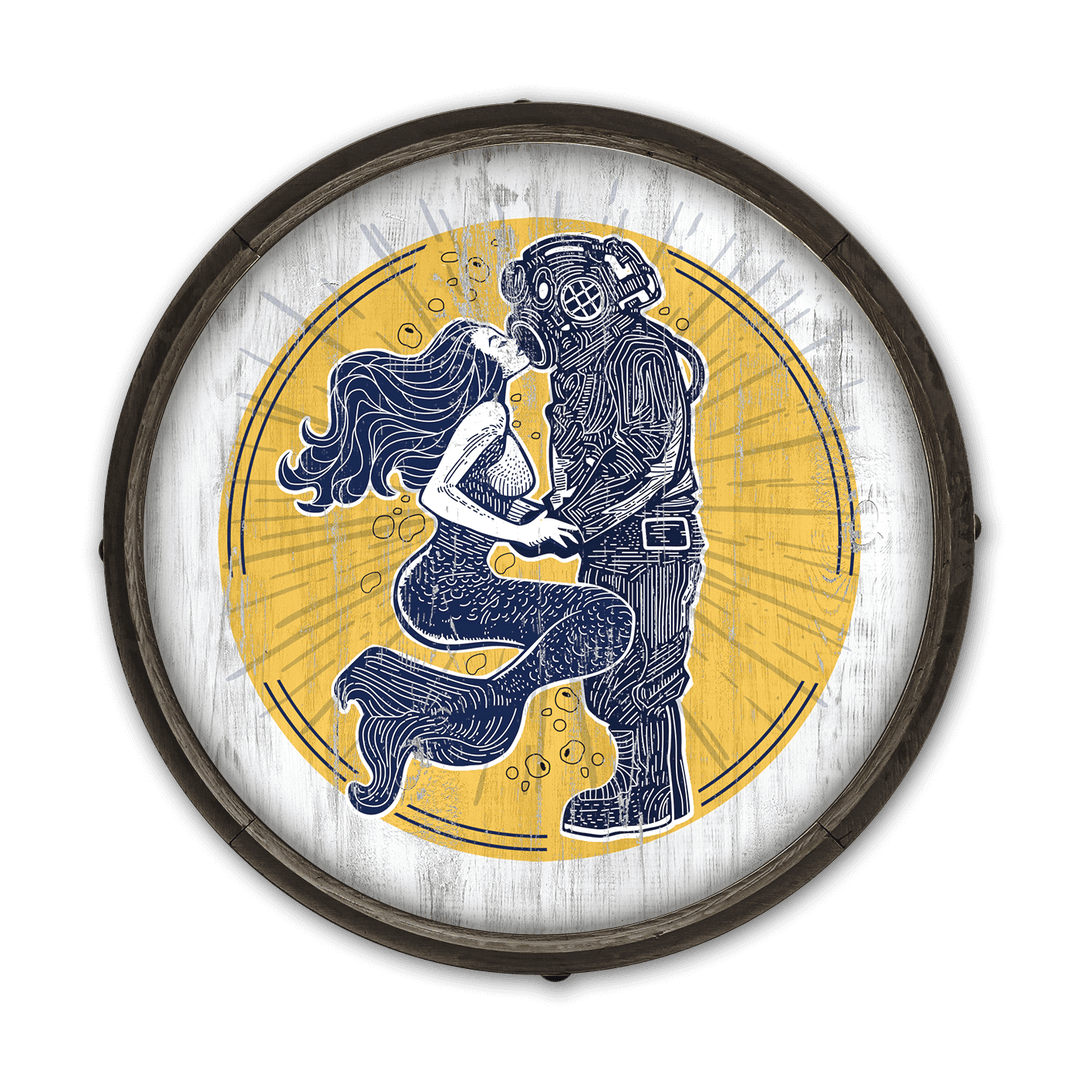 Vintage Coastal Mermaid and Diver Barrel End Wall Art with romantic nautical design in solid wood handcrafted in the USA.