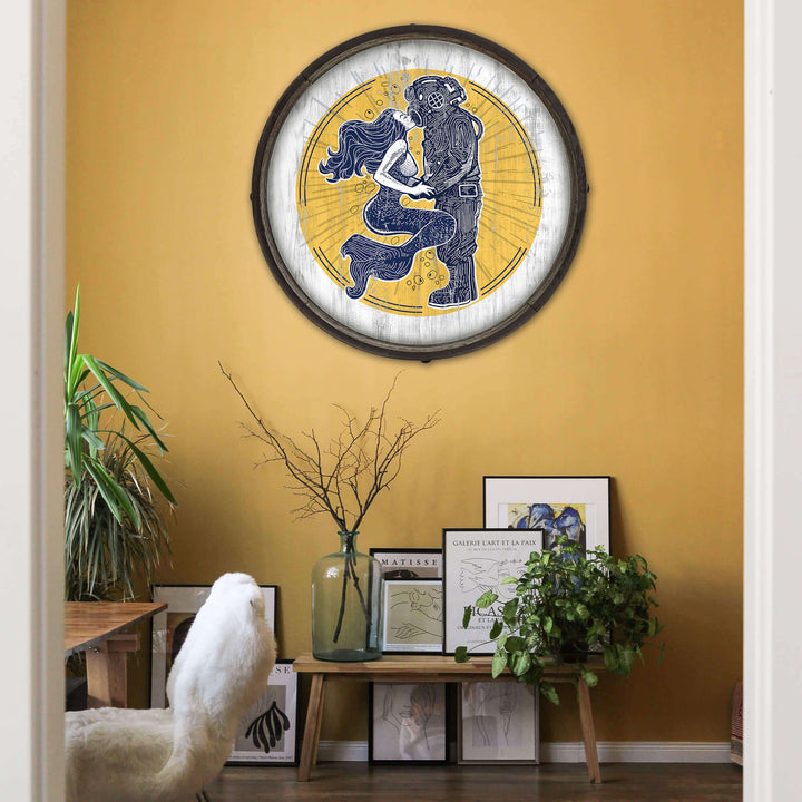 Vintage Coastal Mermaid and Diver Barrel End Wall Art displayed on wall