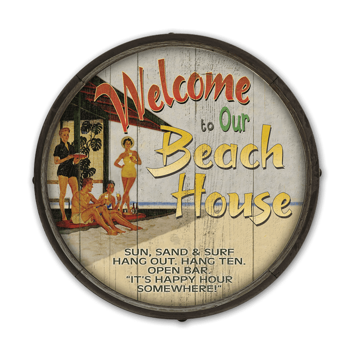 Vintage Beach House Barrel End Wall Sign