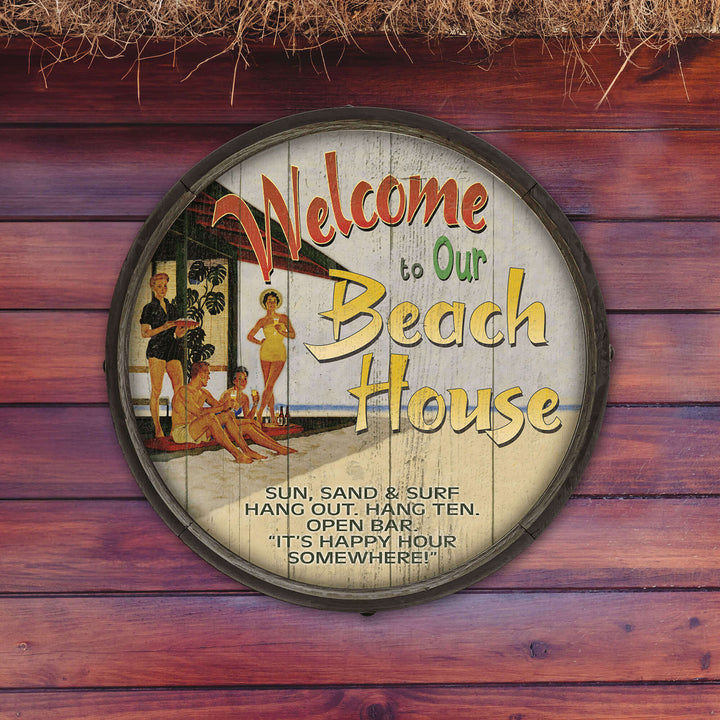 Vintage Beach House Barrel End Wall Sign
