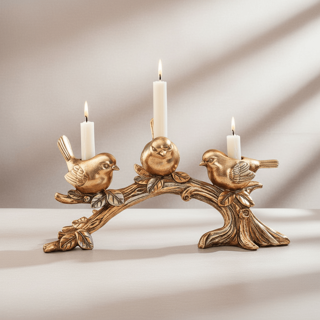 Decorative candle holder with three bird designs on a neutral background