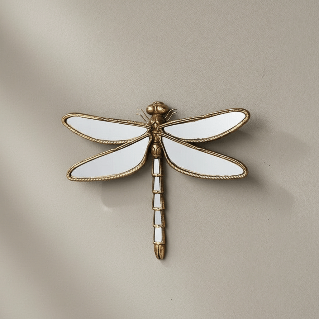 Decorative wall mirror of a dragonfly with gold and white details on a beige background