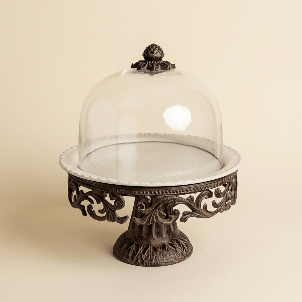 Bellavita cream ceramic cake pedestal with dark acanthus metalwork and glass dome on an ivory background.