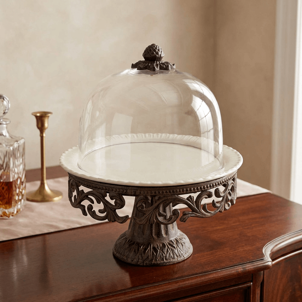 Bellavita ceramic cake pedestal with ornate dark metal base and glass dome displayed on a wooden sideboard.