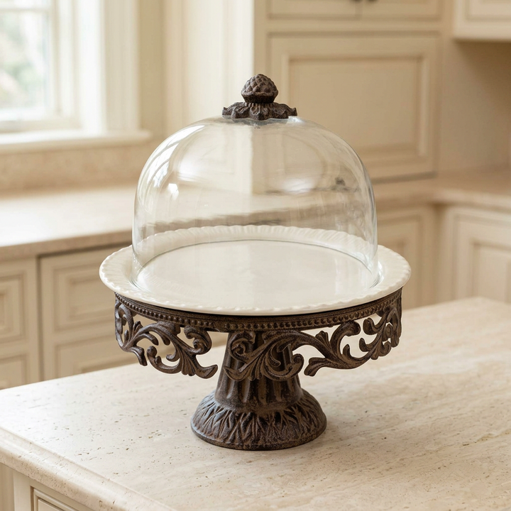 Bellavita covered cake pedestal with cream ceramic plate and dark acanthus scrollwork on a pale stone kitchen counter.