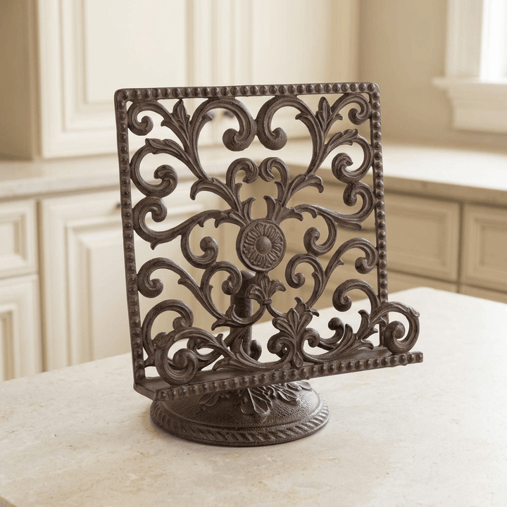 Bellavita ornate brown metal cookbook holder displayed empty on a pale kitchen counter