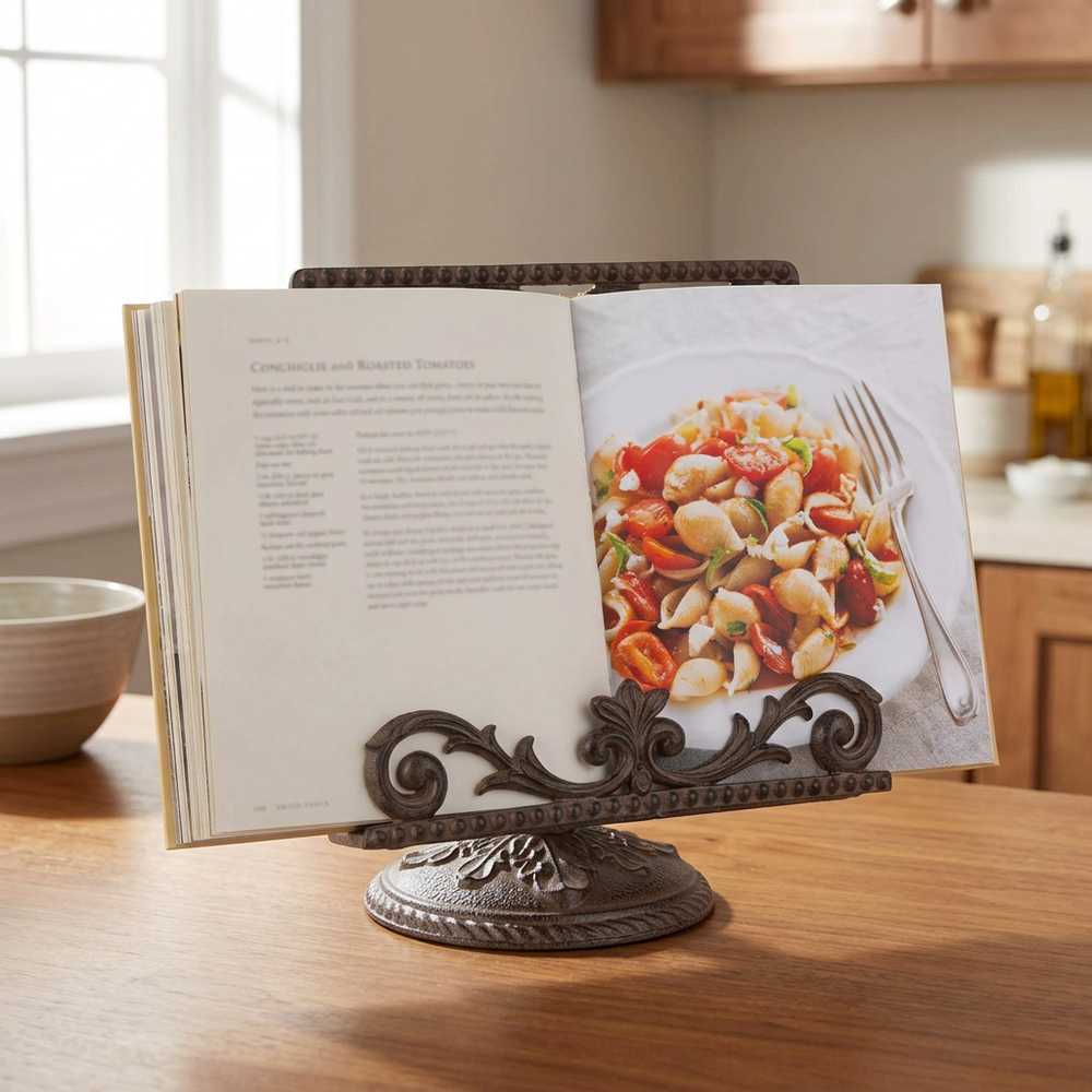 Open cookbook supported by the Bellavita holder on a wooden kitchen sideboard
