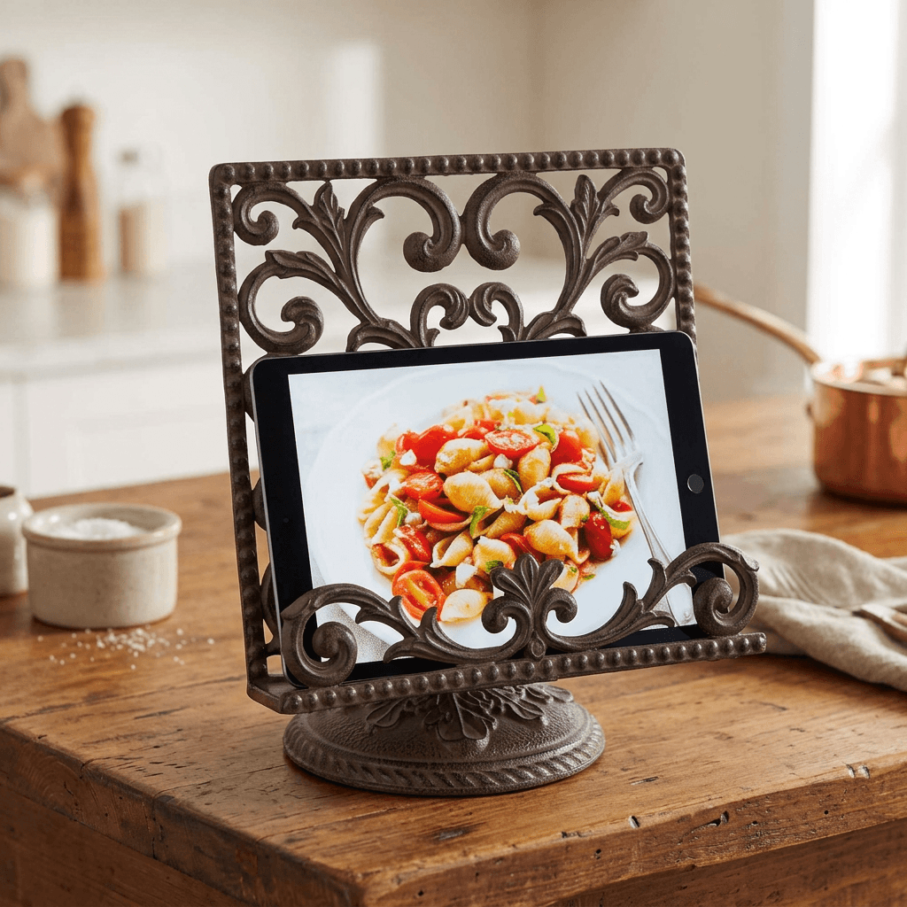 Landscape tablet resting in the Bellavita holder with openwork scroll panel visible above it