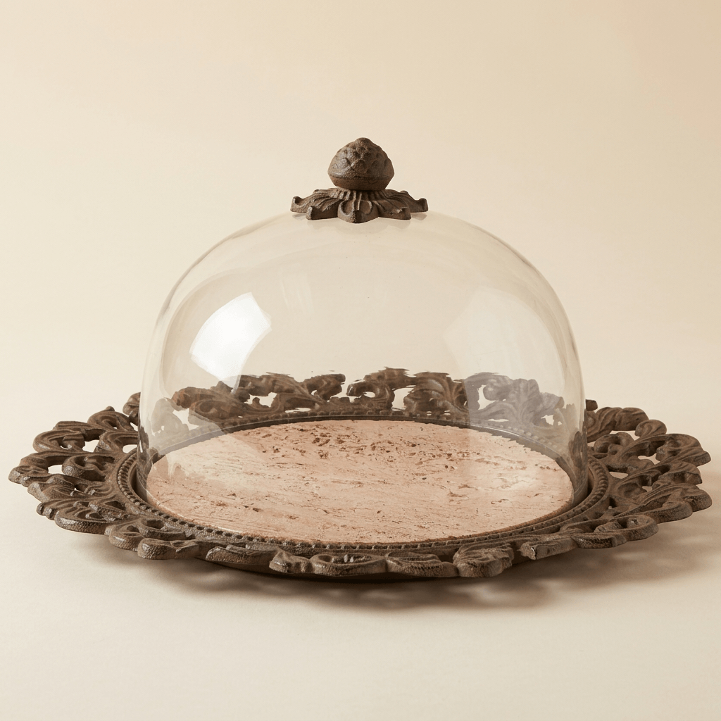 Bellavita marble cake plate with ornate dark acanthus metal border and glass dome on an ivory background