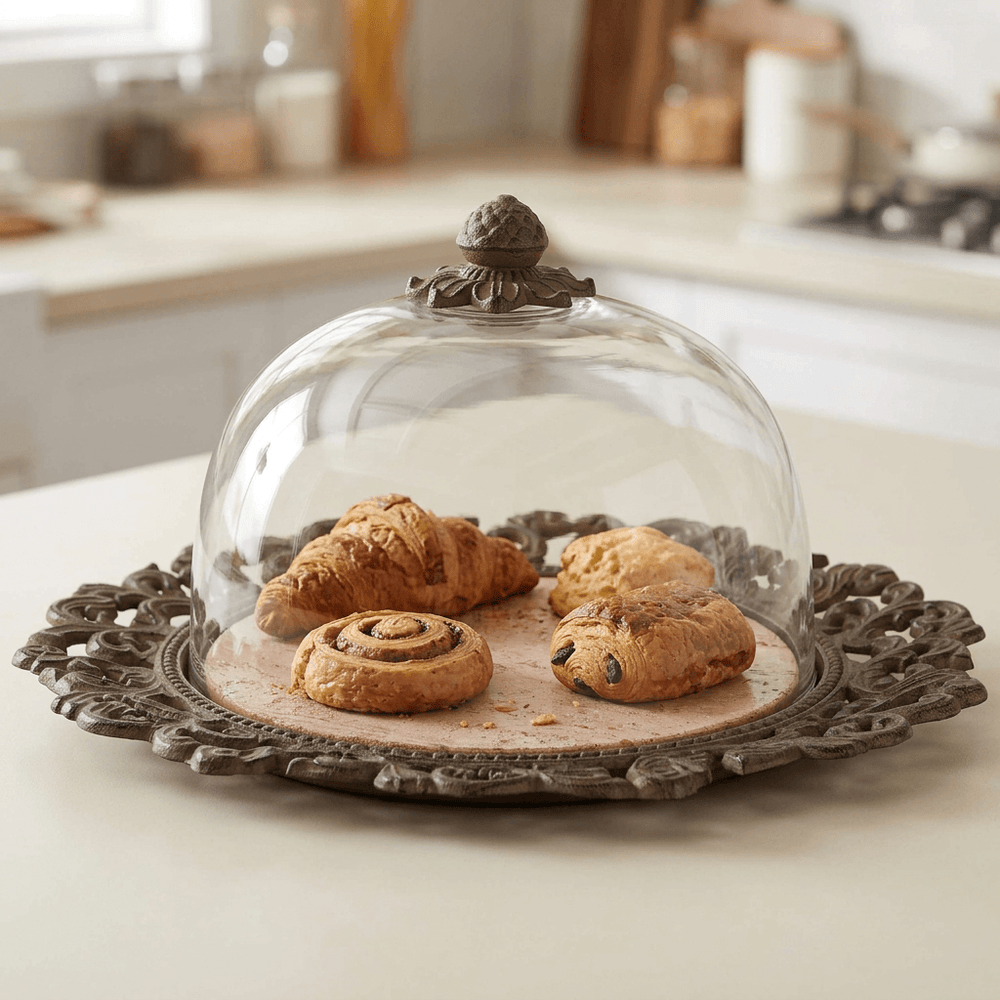 An assorted croissant, cinnamon swirl, chocolate pastry and scone casually arranged under the Bellavita cake plate's glass dome