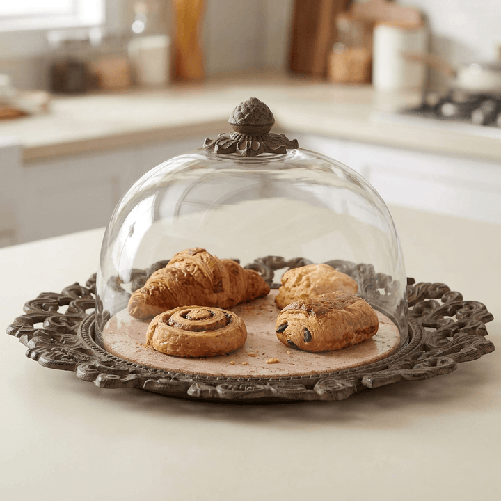An assorted croissant, cinnamon swirl, chocolate pastry and scone casually arranged under the Bellavita cake plate's glass dome