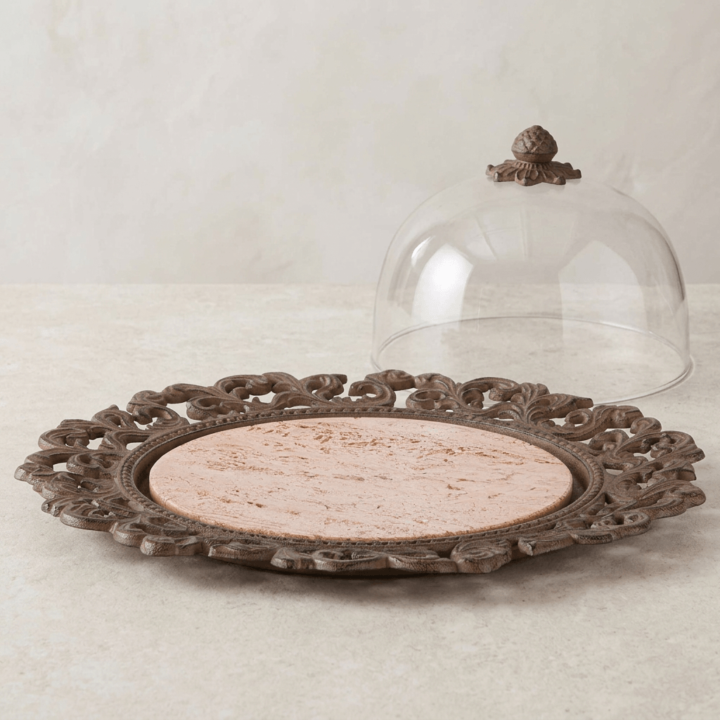 Bellavita marble cake plate showing its acanthus metal surround with the glass dome placed beside it