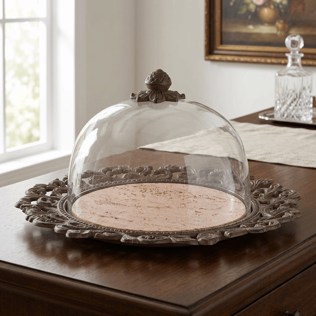 Bellavita marble cake plate with glass dome styled on a wooden sideboard in natural daylight