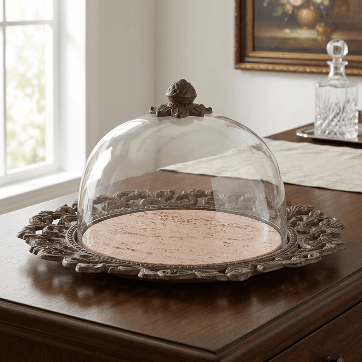 Bellavita marble cake plate with glass dome styled on a wooden sideboard in natural daylight